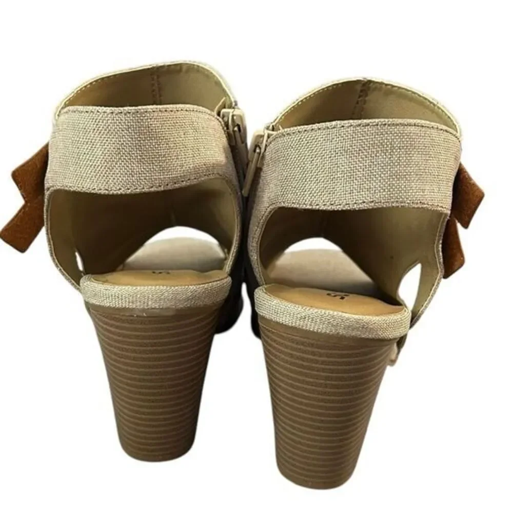 Soda Shoes Womens 7.5 Peep Toe Buckle Booties Linen Tan Stacked Heel Coastal New